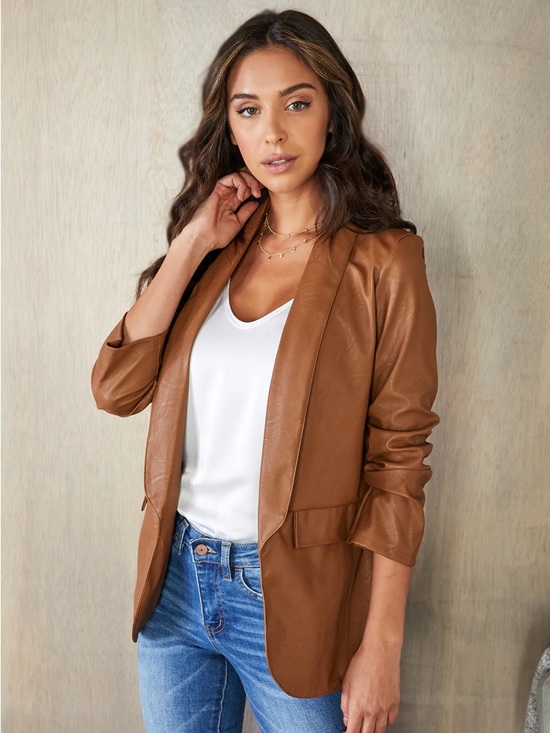 fab'rik Jackets & Blazers - fab'rik Women’s Tan Brown Faux Leather Ruched Sleeve Open Blazer Size Large